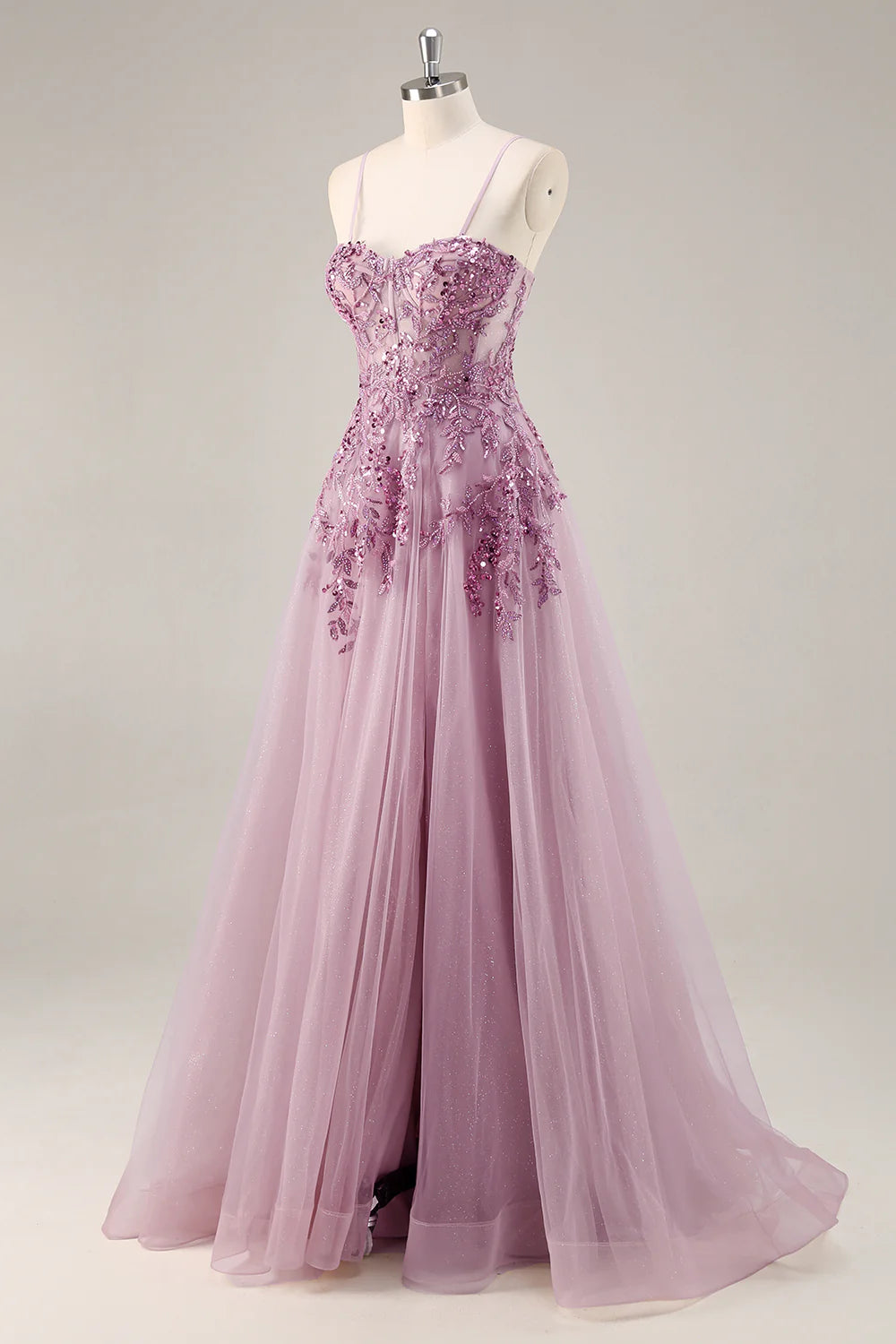 Grey Purple A-Line Corset Beaded Tulle Long Prom Dress with Slit